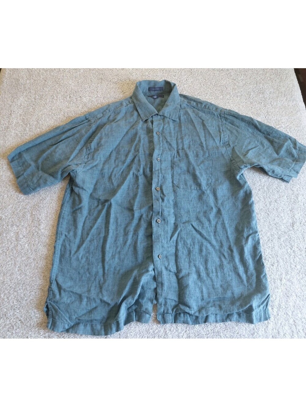 Grant Thomas Mens Short Sleeve Button Down 100% Linen Shirt Size Large Blue